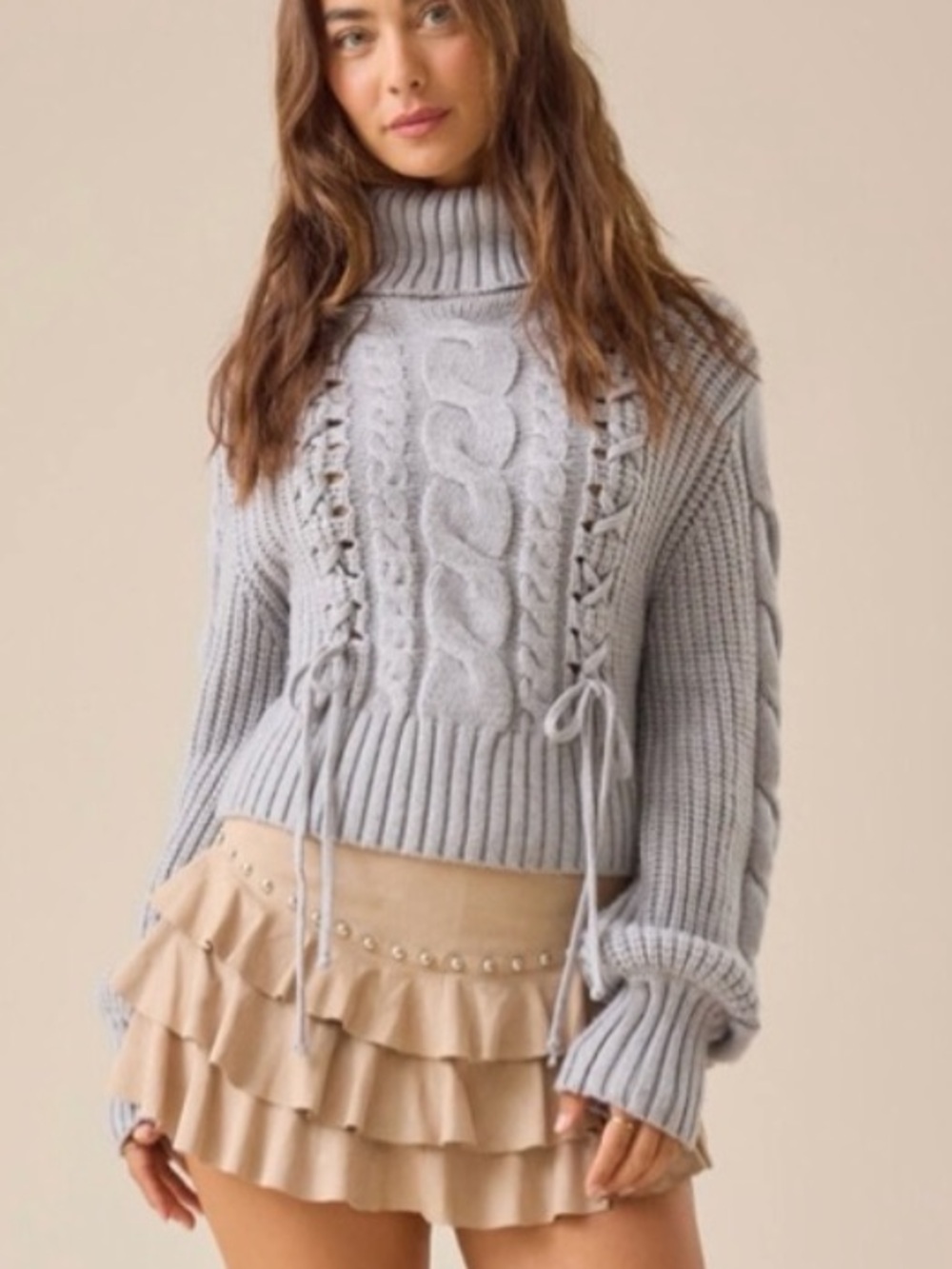 Altar’d state Cropped Cable Knit Turtleneck Sweater - Light Gray! New! S